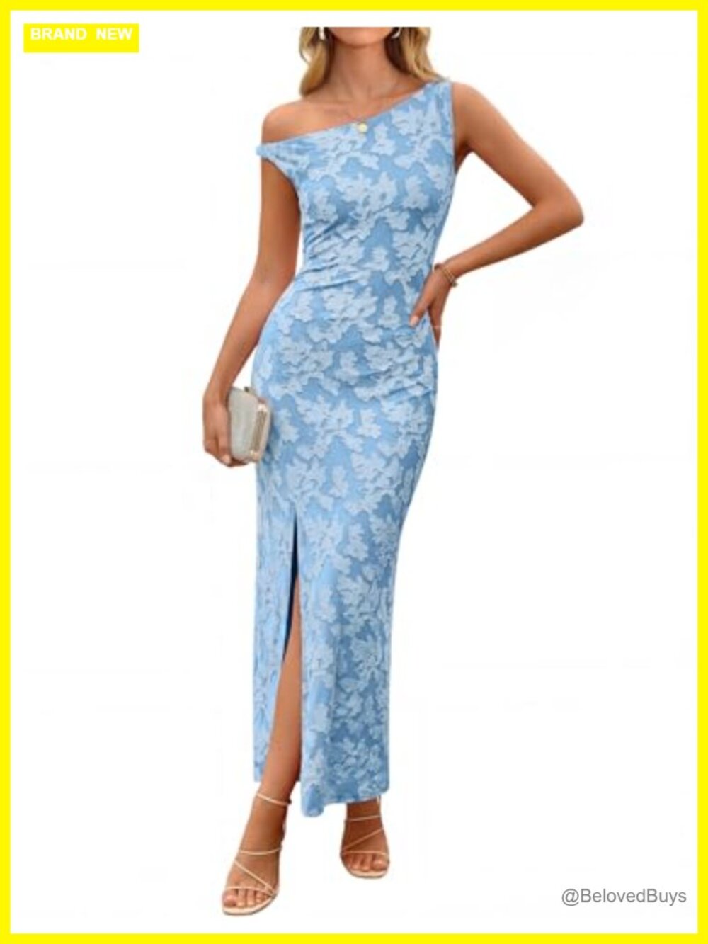 One Shoulder Floral Bodycon Midi Dress Sleeveless Front Slit Party